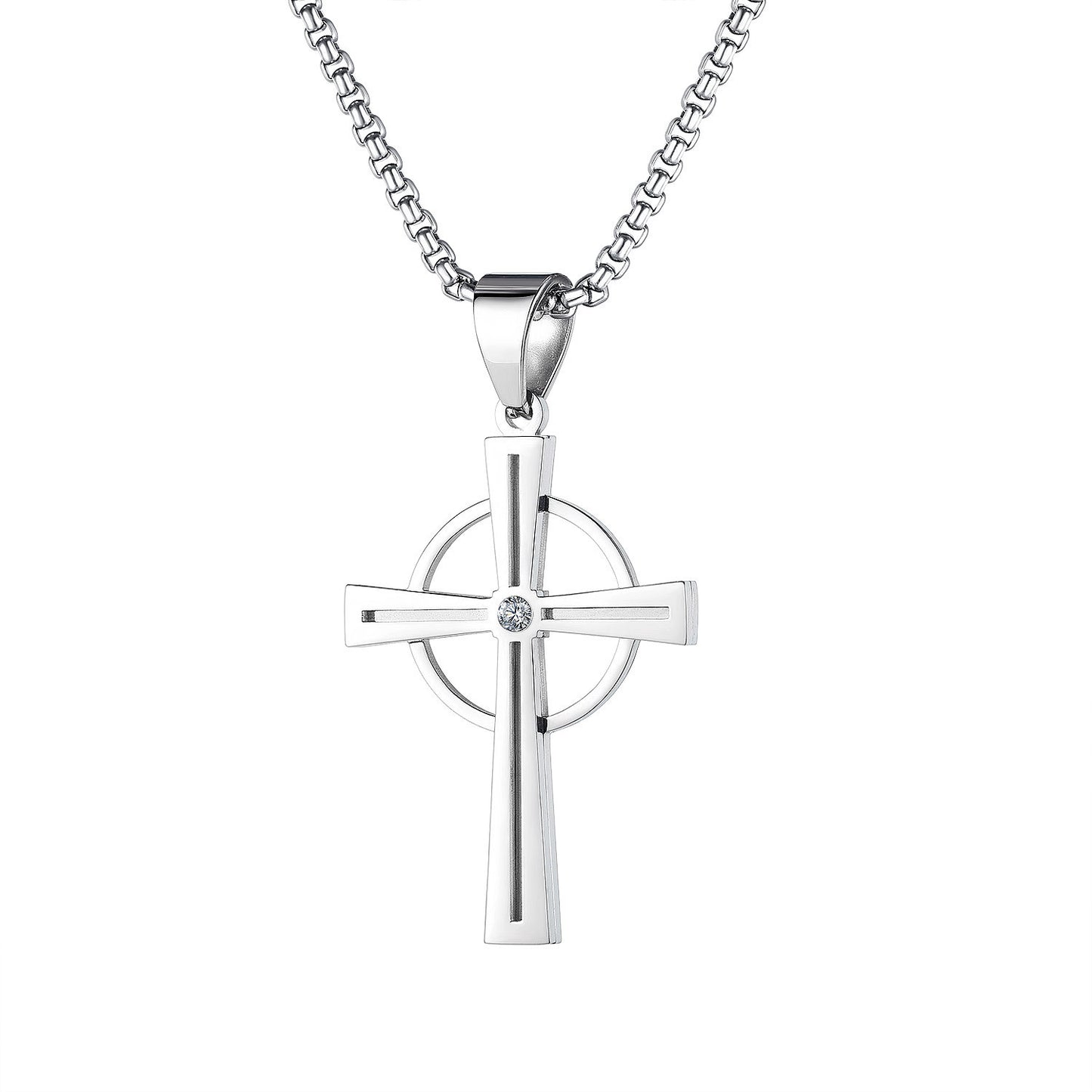 Circle Cross Pendant Necklace - Stainless Steel